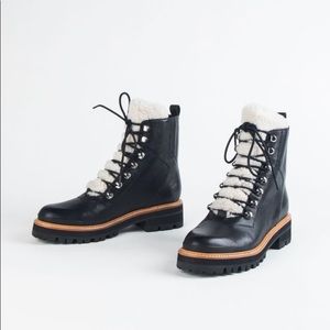 Marc Fisher Black Leather Shearling-Trim Lace-Up Winter Boots